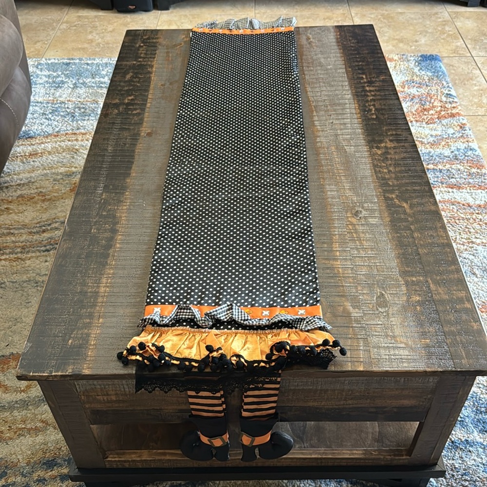 Halloween table Runner Witches Feet on Both Ends Black White Orange Rhinestones